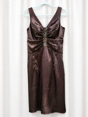 Spiegel Chocolate Brown Satin Midi Dress with Jewel Accents